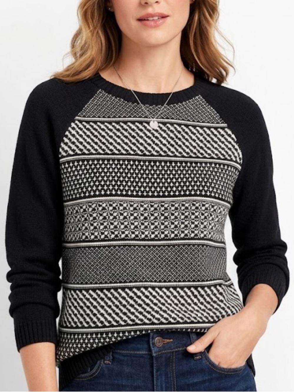 Talbots Black and White Crewneck Patterned Sweater